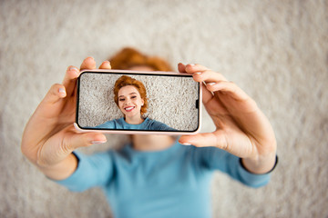 Close up photo amazing beautiful she her lady hands telephone make take selfies toothy smile...