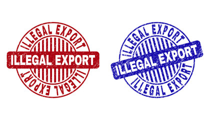 Grunge ILLEGAL EXPORT round stamp seals isolated on a white background. Round seals with distress texture in red and blue colors.