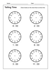 Telling Time Telling the Time Practice for Children  Time Worksheets for Learning to Tell Time vector - 259690099
