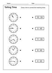 Telling Time Telling the Time Practice for Children  Time Worksheets for Learning to Tell Time vector
