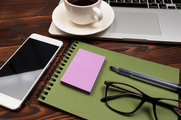 Office desk table with supplies. Flat lay Business workplace and objects. Top view. Copy space for text
