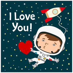 Fototapeta premium Funny astronaut in cartoon style flies in space and holds a heart in his hand, text I Love You - Happy Valentine's Day Card.