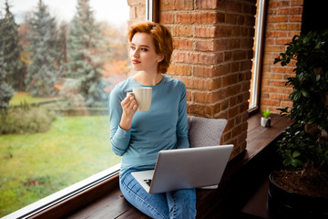 Close up photo beautiful funky she her foxy lady hand notebook hot beverage look out window amazing...