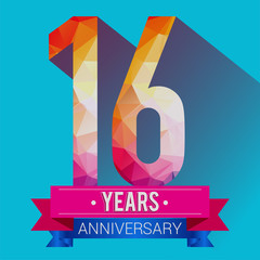 16 Years Anniversary logo. with colorful polygonal design elements.