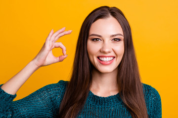 Close up photo amazing funky her she lady toothy long straight hair sincerely brown eyes show...