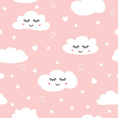 Sweet pink seamless pattern White sleeping clouds background collection Baby girl ornament template vector