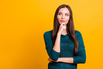 Close up photo amazing funky her she lady long straight hairdo clever brown eyes look up empty...