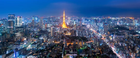 Aluminium Prints Tokyo Panorama view over Tokyo tower and Tokyo cityscape view from Roppongi Hills at night in Tokyo at Japan