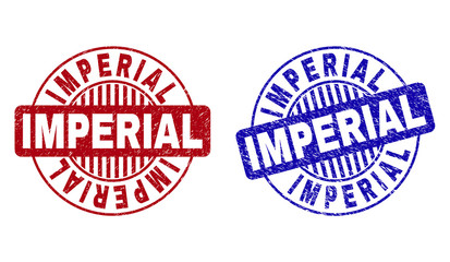 Grunge IMPERIAL round stamp seals isolated on a white background. Round seals with grunge texture in red and blue colors. Vector rubber imitation of IMPERIAL title inside circle form with stripes.