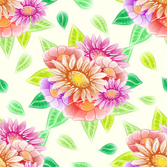 Abstract seamless flowers pattern with herbs, plants, leaves. Use for floral design card, print frame, poster, background template, wedding wallpaper, invitation decor, greeting postcard. Vector