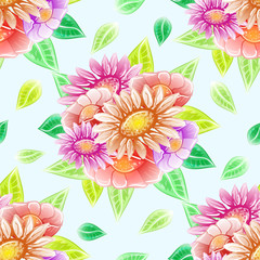 Abstract seamless flowers pattern with herbs, plants, leaves. Use for floral design card, print frame, poster, background template, wedding wallpaper, invitation decor, greeting postcard. Vector