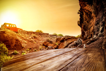 Desk of free space and summer time and free space for your decoration. Summer car trip on Gran Canaria island. 