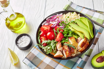healthy chicken bowl with couscous and veggies