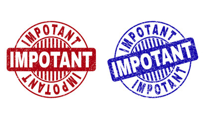 Grunge IMPOTANT round stamp seals isolated on a white background. Round seals with grunge texture in red and blue colors. Vector rubber watermark of IMPOTANT label inside circle form with stripes.