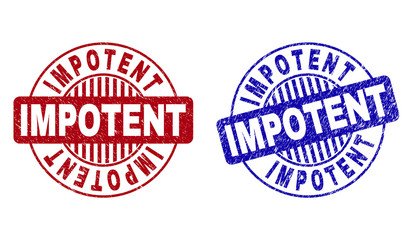 Grunge IMPOTENT round stamp seals isolated on a white background. Round seals with grunge texture in red and blue colors. Vector rubber imitation of IMPOTENT label inside circle form with stripes.