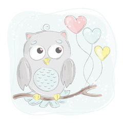 LOVE OWL Cartoon Bird Forest Funny Animal Vector Illustration Set for Print Fabric and Decoration