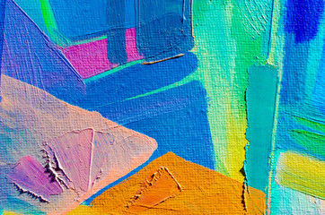 Abstract colorful oil painting on canvas. Oil paint texture with brush and palette knife strokes. Multi colored wallpaper. Modern art, cover design concept. Horizontal fragment.