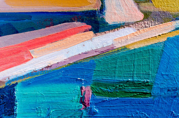 Abstract colorful oil painting on canvas. Oil paint texture with brush and palette knife strokes. Multi colored wallpaper. Modern art, cover design concept. Horizontal fragment.