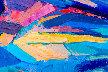 vAbstract colorful oil painting on canvas. Oil paint texture with brush and palette knife strokes. Multi colored wallpaper. Modern art, cover design concept. Horizontal fragment.