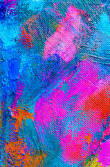 Abstract colorful oil painting on canvas. Oil paint texture with brush and palette knife strokes. Multi colored wallpaper. Modern art, cover design concept. Vertical fragment.