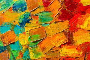 Abstract oil painting on canvas. Oil paint texture. Brush and palette knife strokes. Multi colored wallpaper. Close up acrylic background. Horizontal artwork fragment. 