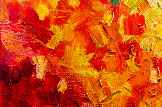 Abstract oil painting on canvas. Oil paint texture. Brush and palette knife strokes. Multi colored wallpaper. Close up acrylic background. Horizontal artwork fragment. 