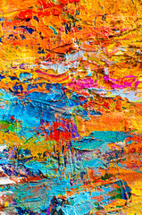 Abstract colorful oil painting on canvas. Oil paint texture with brush and palette knife strokes. Multi colored wallpaper. Macro close up acrylic background. Modern art concept. Vertical fragment.