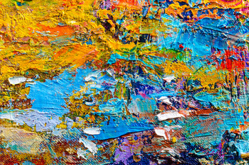 Abstract colorful oil painting on canvas. Oil paint texture with brush and palette knife strokes. Multi colored wallpaper. Macro close up acrylic background. Modern art concept. Horizontal fragment.