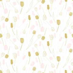Vector floral seamless pattern with hand drawn tulips. Background with pastel colored flowers and leaves outlines.