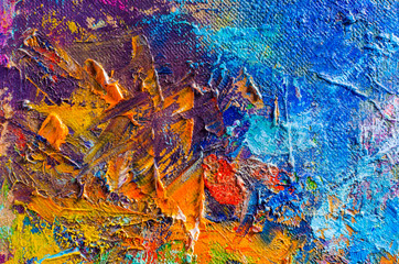 Abstract colorful oil painting on canvas. Oil paint texture with brush and palette knife strokes. Multi colored wallpaper. Macro close up acrylic background. Modern art concept. Horizontal fragment.