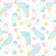 Fototapeta na wymiar Flowers pattern vector. Floral seamless background with stylized hand drawn flowers and leaves.