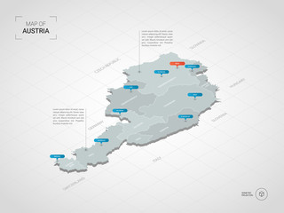 Isometric  3D Austria map. Stylized vector map illustration with cities, borders, capital, administrative divisions and pointer marks; gradient background with grid. 