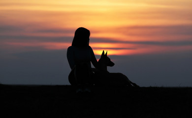 Silhouettes at sunset, girl and dog against the backdrop of an incredible sunset, Belgian Shepherd Malinois, hugging