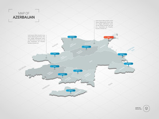 Isometric  3D Azerbaijan map. Stylized vector map illustration with cities, borders, capital, administrative divisions and pointer marks; gradient background with grid. 