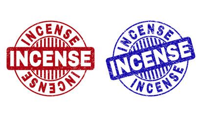 Grunge INCENSE round stamp seals isolated on a white background. Round seals with distress texture in red and blue colors. Vector rubber overlay of INCENSE tag inside circle form with stripes.