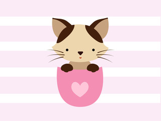 Cute Siamese cat sitting in a pocket and smiling fun.Sweet kids graphics for t-shirts. Greeting card.