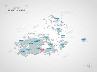 Isometric  3D Aland Islands map. Stylized vector map illustration with cities, borders, capital, administrative divisions and pointer marks; gradient background with grid. 