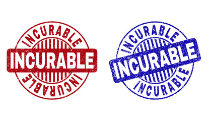 Grunge INCURABLE round stamp seals isolated on a white background. Round seals with grunge texture in red and blue colors. Vector rubber imitation of INCURABLE label inside circle form with stripes.