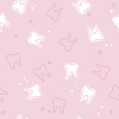 Vector seamless teeth pattern. Cute pink background with white teeth and dots for dental, oral medicine design.