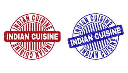 Grunge INDIAN CUISINE round stamp seals isolated on a white background. Round seals with grunge texture in red and blue colors.