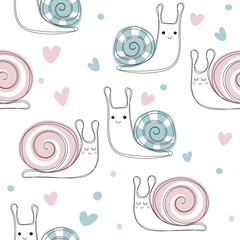 Modèle sans couture avec des coeurs d& 39 escargots mignons. Escargots roses et bleus. Illustration vectorielle dessinés à la main. Impression de mode pour enfants.
