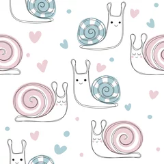 Peel and stick wall murals Girls room Seamless pattern with cute snail hearts. Pink and blue snails. Vector hand drawn illustration. Fashion kids print.