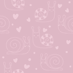 Snail pink bachround. Seamless pattern with cute snail. Vector hand drawn illustration. Fashion kids print.