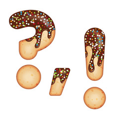 Tempting typography. Font design. 3D donut punctuation marks glazed with chocolate cream and candy