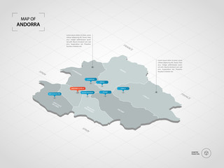 Isometric  3D Andorra map. Stylized vector map illustration with cities, borders, capital, administrative divisions and pointer marks; gradient background with grid. 