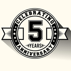 Celebrating 5 years anniversary logo vintage emblem. Retro vector background.