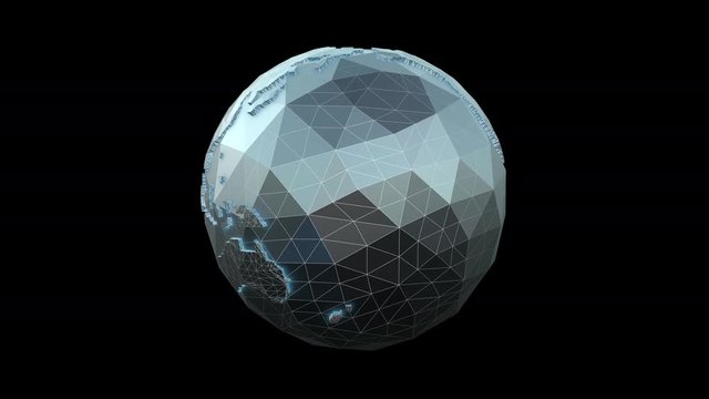 Seamless 4K animation of low poly rotating metal earth globe with black background. Seamless metal retro futuristic animation with alpha channel