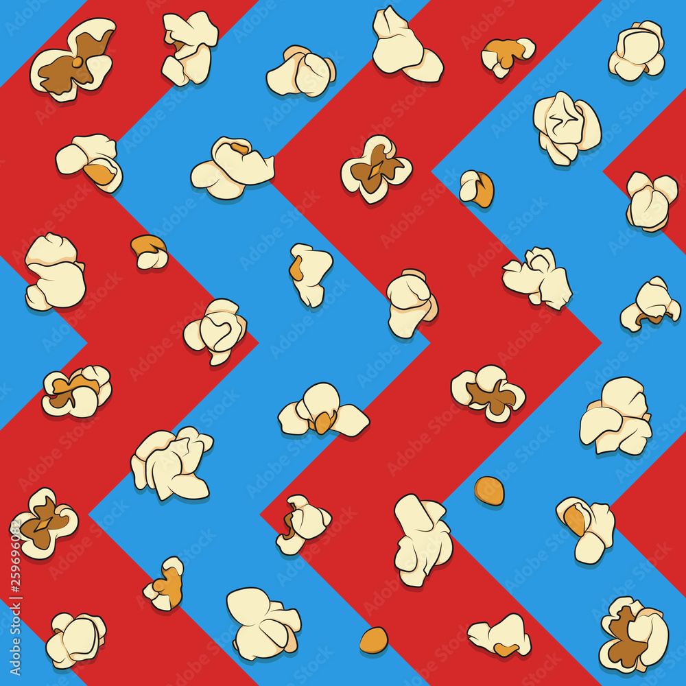 Aufkleber seamless pattern with popcorn on a blue and red background. color vector background.