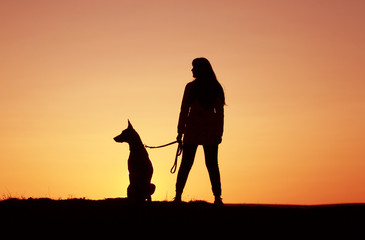 Silhouettes at sunset, girl and dog against the backdrop of an incredible sunset, Belgian Shepherd dog Malinois