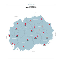 Macedonia vector map. Editable template with regions, cities, red pins and blue surface on white background.